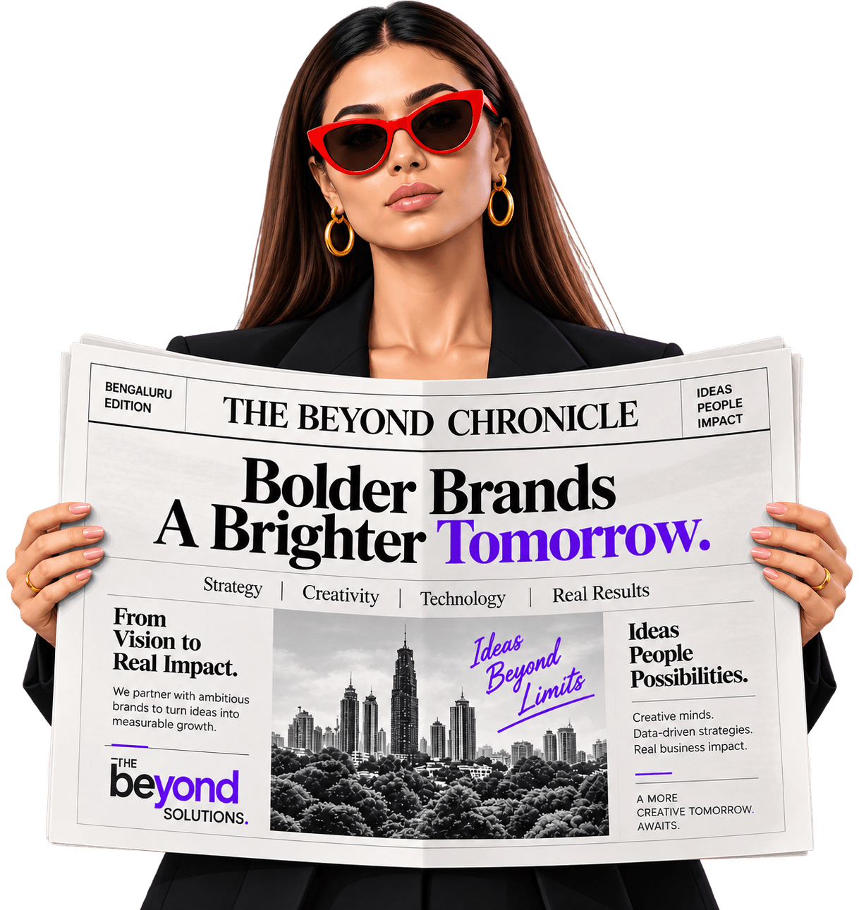 A creative director holding a mock newspaper reading 'Bolder Brands, A Brighter Tomorrow.'
